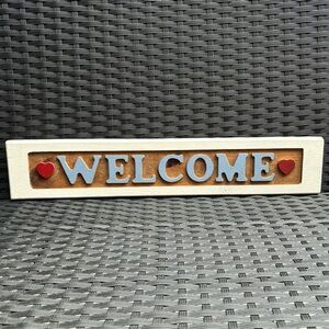 Vintage Wood Carved Welcome Sign with Hearts 22”x4” Handpainted
